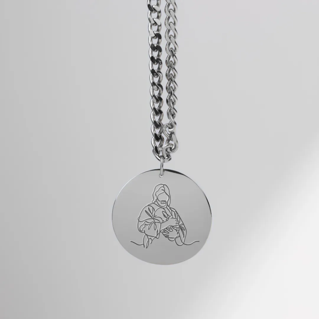 Jesus Holding Child Pendant in Line Art